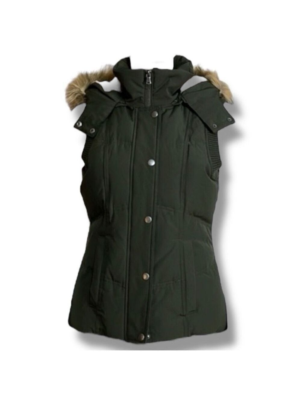 Down Puffer Vest Army Green Detachable Faux Fur Hood Women’s Size XS